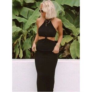MIOU MUSE East Hampton Black Knit Halter Neck Cut-Out Bodycon Midi Dress, Size L